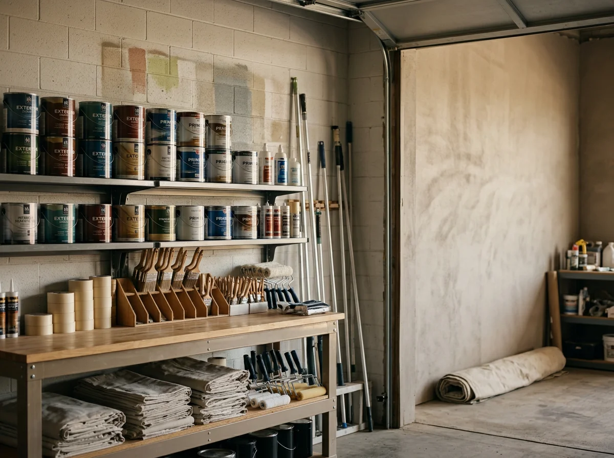 Painting tools and supplies arranged for a job, including brushes, rollers, and paint cans. The scene shows equipment ready for surface prep and coating work.