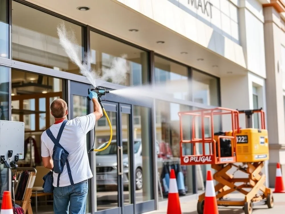 Worker pressure washing commercial storefront glass doors and windows with high-pressure equipment