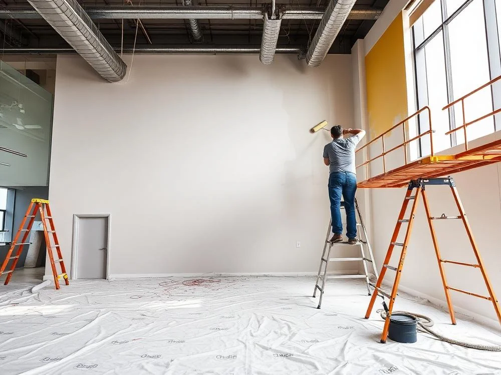 Painter on ladder applying finish coat to large drywall wall in commercial interior space