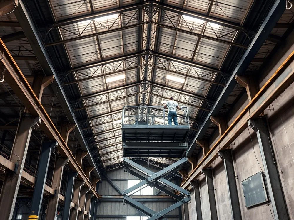 Industrial warehouse interior with painted steel beams, corrugated metal roof, and structural framework