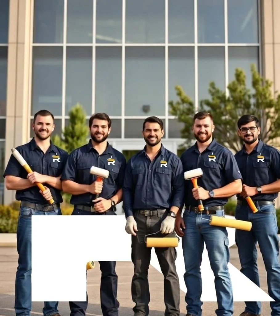 Five painters in navy uniforms holding paint rollers and brushes in front of modern building