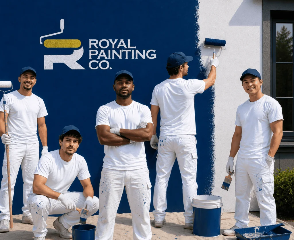 Painters applying navy blue and white paint to commercial building exterior with rollers and brushes