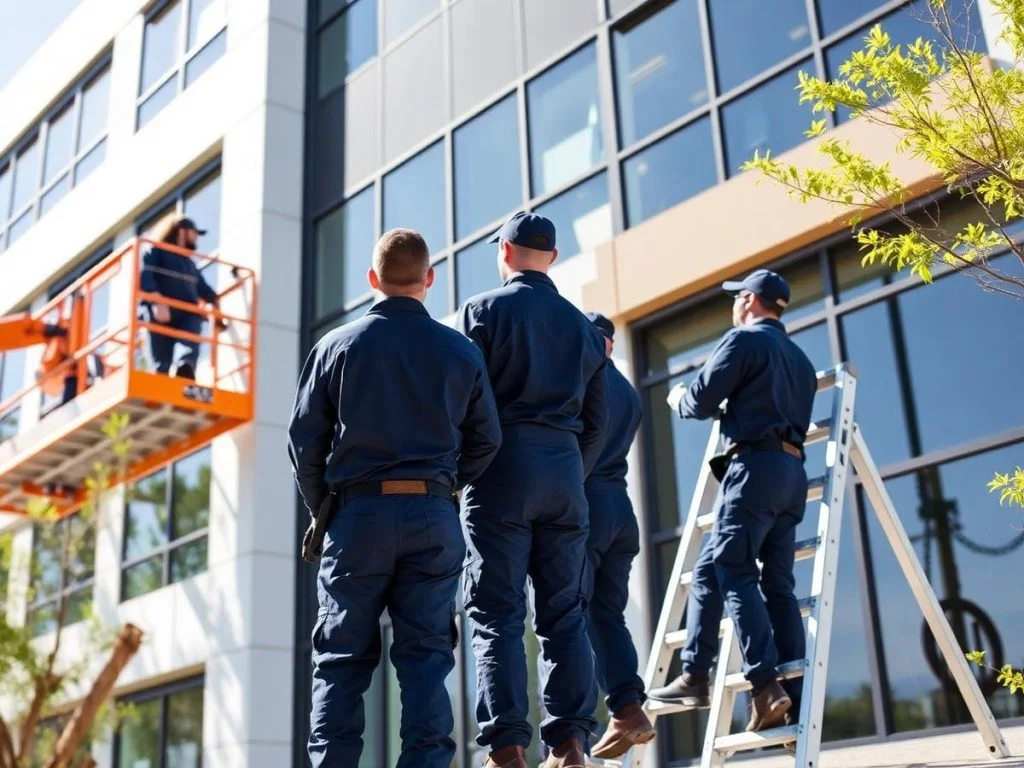 Painters on ladders and lift equipment working on commercial building exterior with large windows
