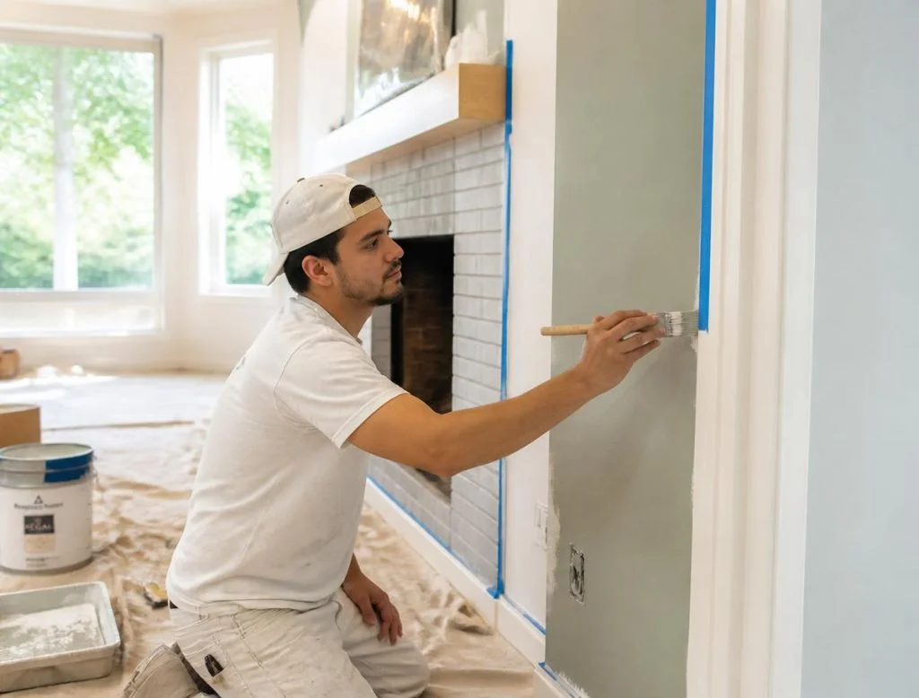 Painter applying finish coat to drywall with blue painter's tape masking, kitchen interior renovation