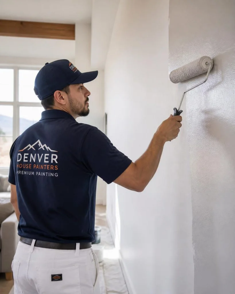 Painter applying white paint to interior drywall wall with roller tool