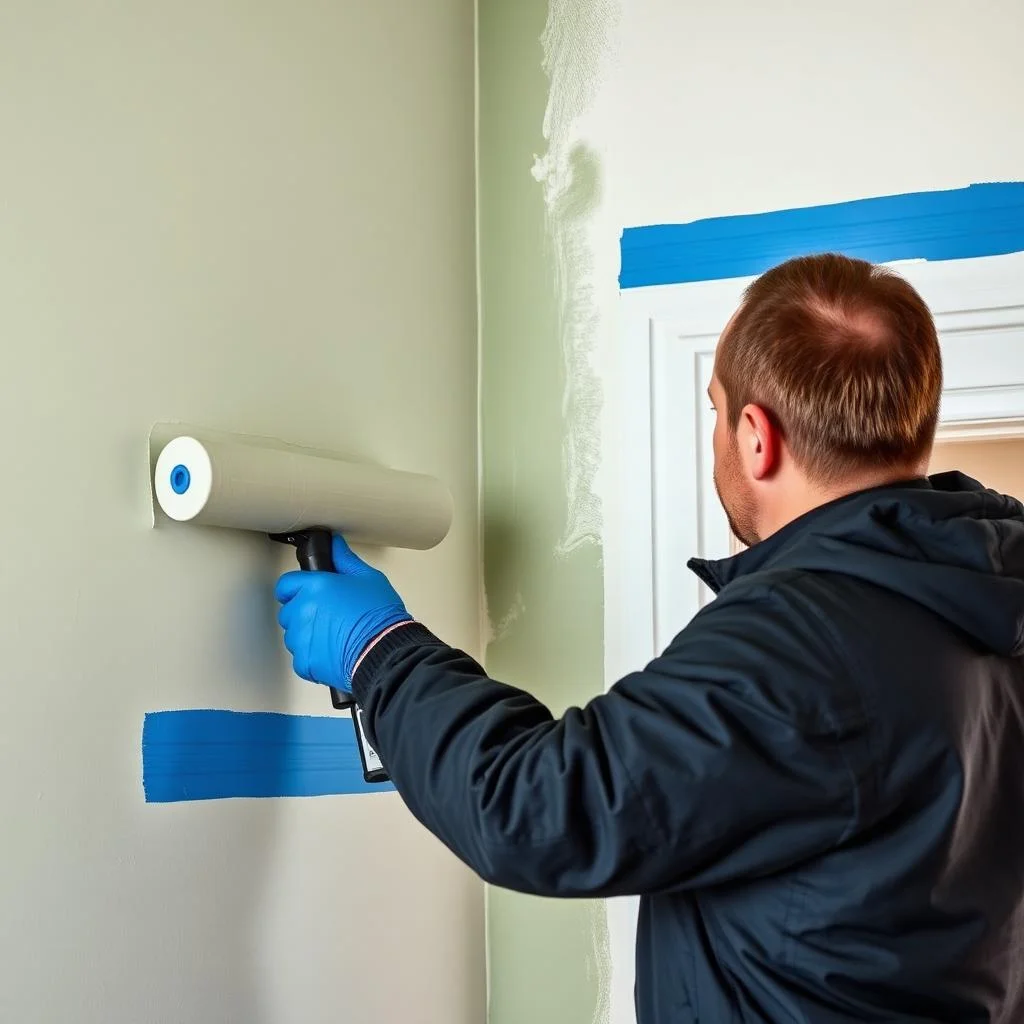 Painter applying joint compound to drywall seams with roller tool, blue painter's tape protecting trim