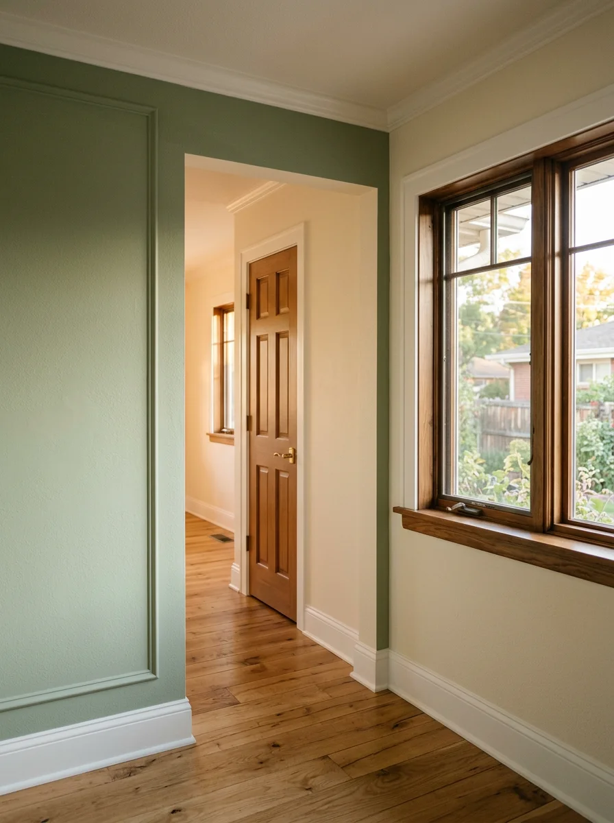 Interior view of a central Arvada ranch home showing freshly painted walls and original wood window trim, with clean lines at the ceiling and baseboard.