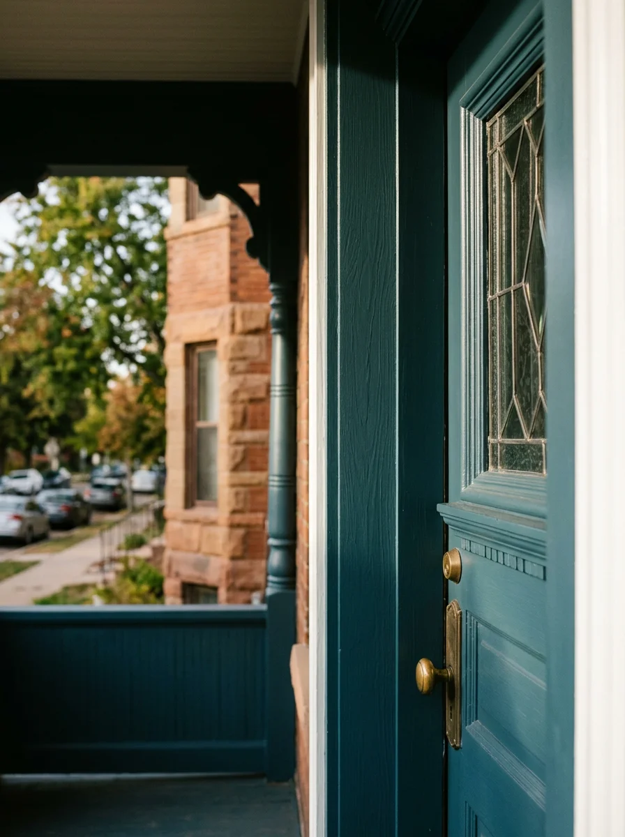 Close-up of a freshly painted Denver Square home's front porch trim and door in a Washington Park residential block, showing clean brush lines on original wood millwork.