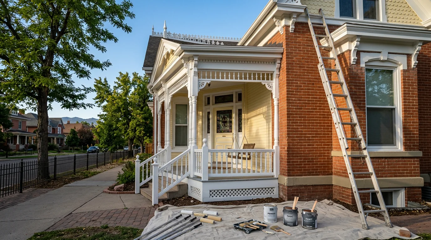 Painter applying exterior paint to a Victorian-era brick home in Denver's Capitol Hill neighborhood, with ornate wood trim freshly primed and ready for finish coat.