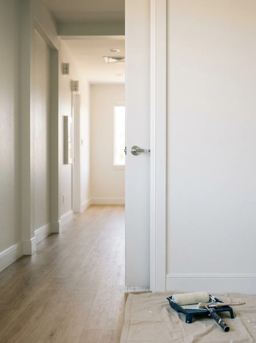 Freshly painted interior of an Englewood medical office suite showing clean white walls and trim, with low-VOC finish applied to walls and door frames in a professional healthcare setting.