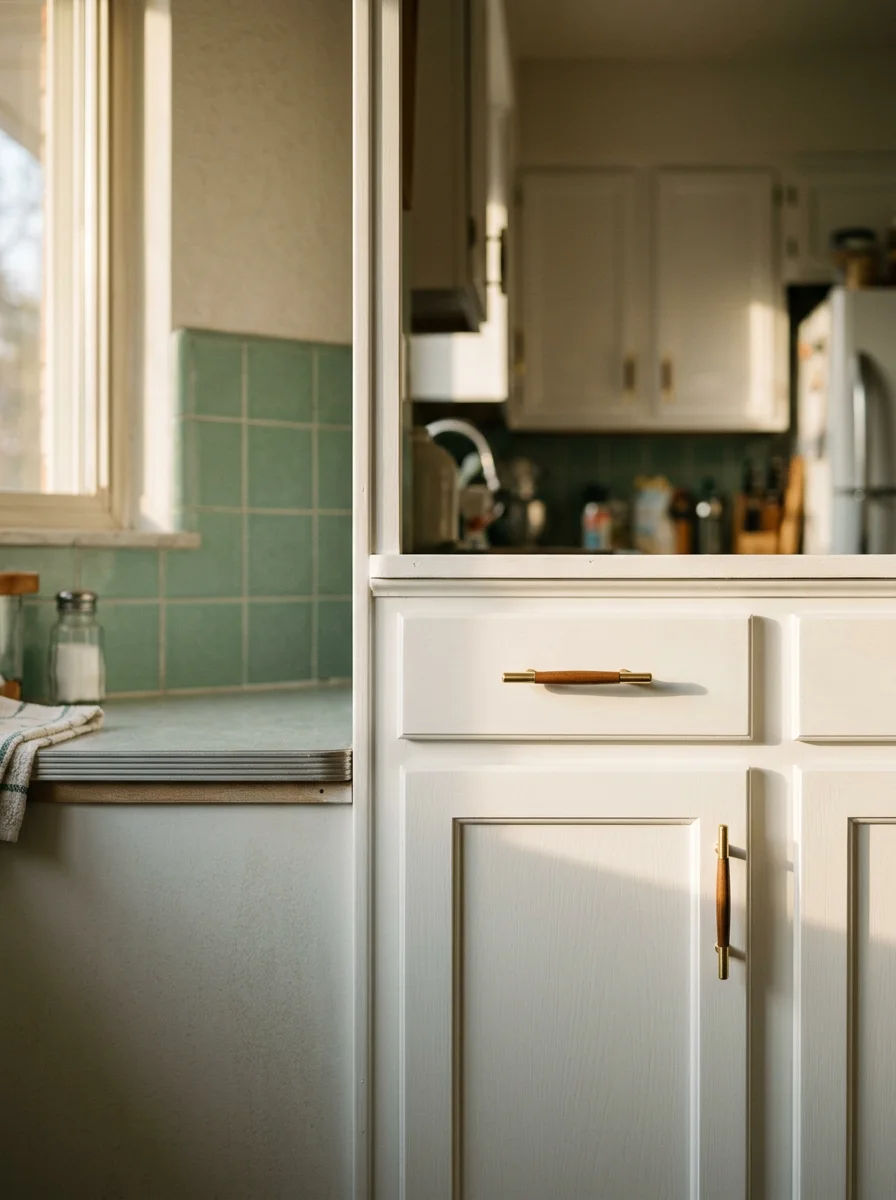 Freshly painted original wood kitchen cabinets in a Lakewood mid-century ranch home, showing clean white finish coat on solid-wood cabinet doors and drawer fronts.