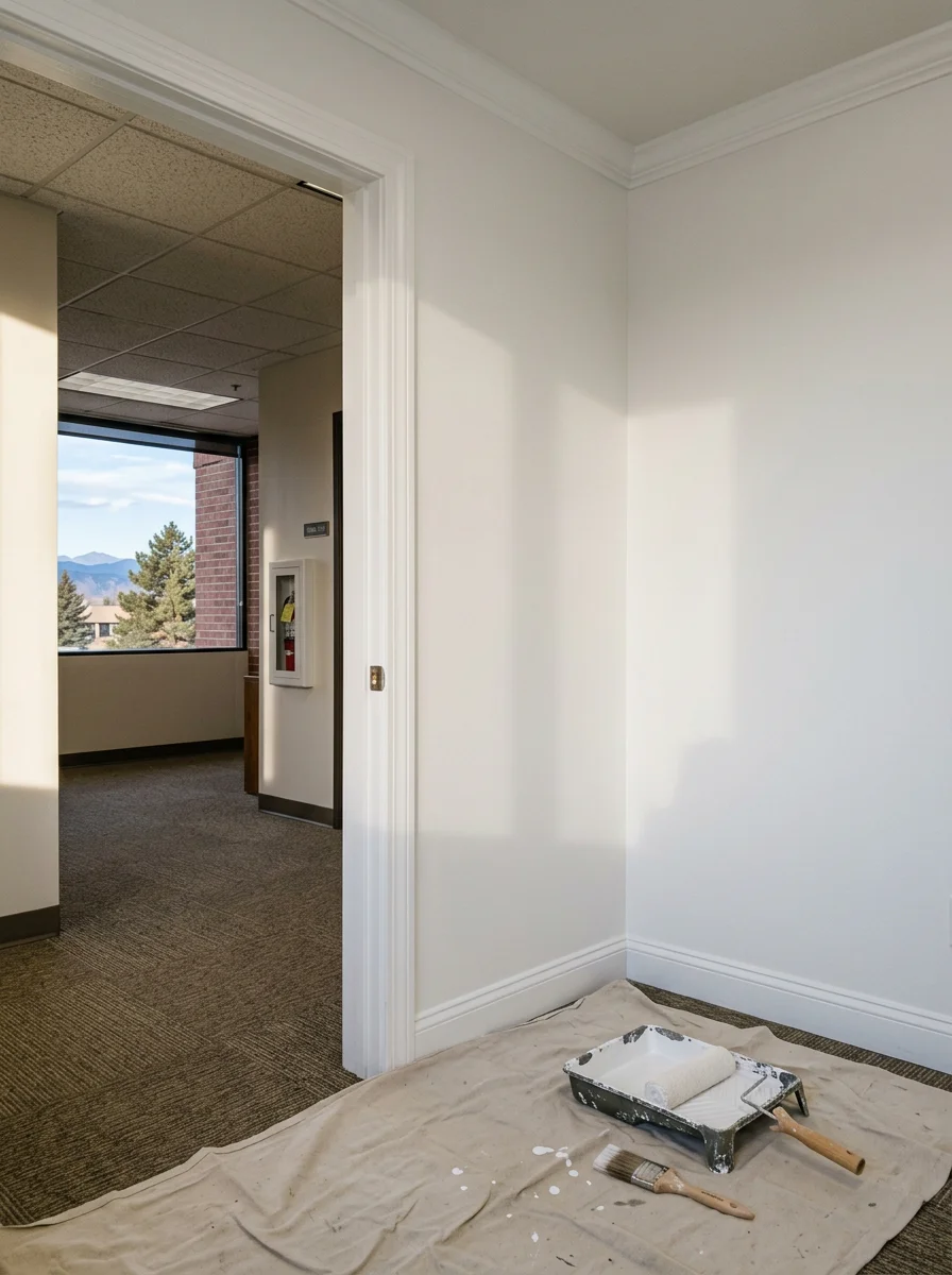 Commercial interior painting in a Westminster office park suite, showing freshly painted walls with clean lines at the ceiling and door frames in a professional office setting.