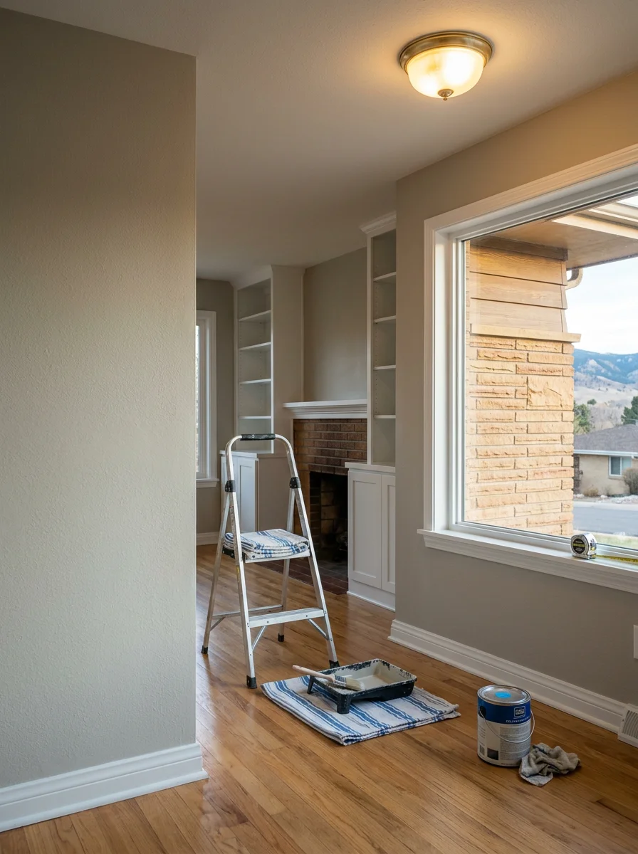 Freshly painted interior living room with trim and cabinetry in a Wheat Ridge home