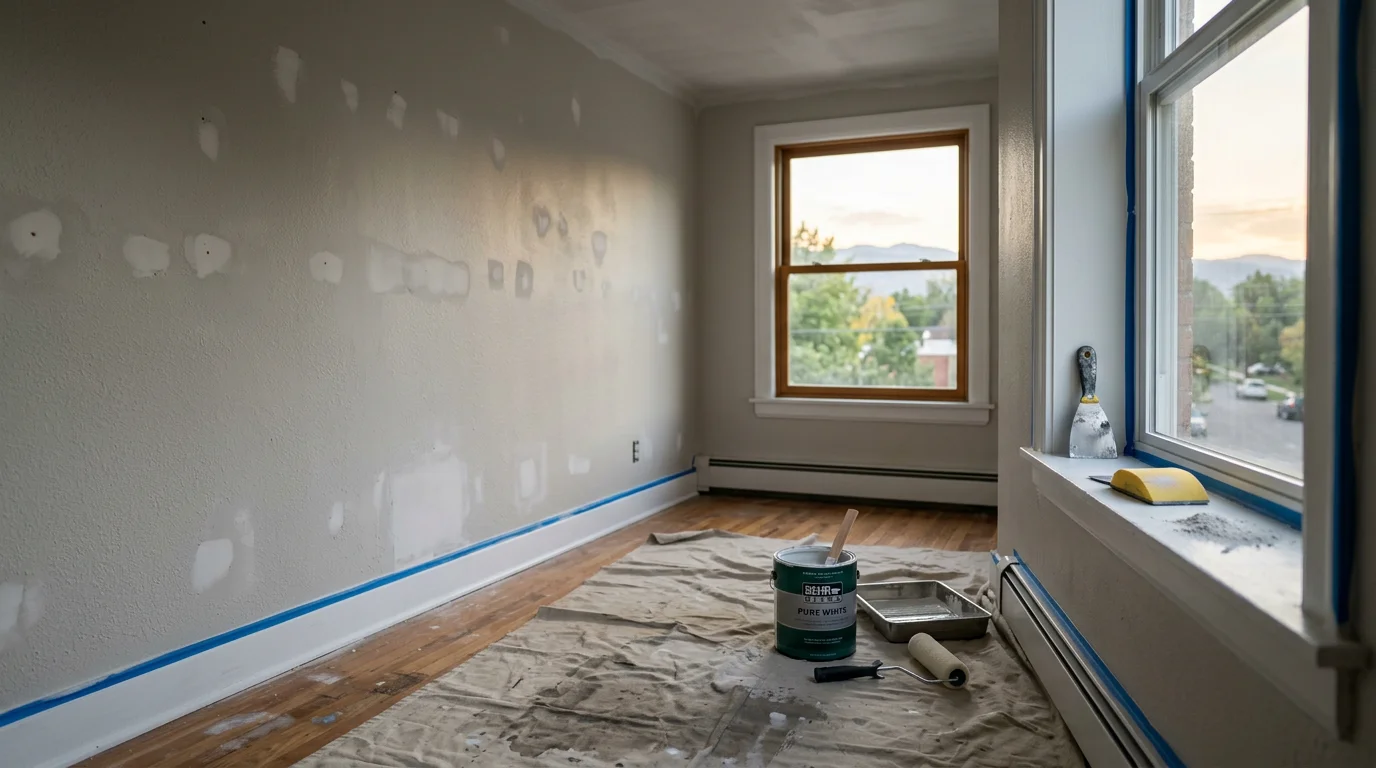 Freshly painted vacant apartment interior in Vancouver showing clean white walls, painted trim, and a uniform finish ready for a new tenant. A paint roller and tray rest near the baseboard of a turnover unit.
