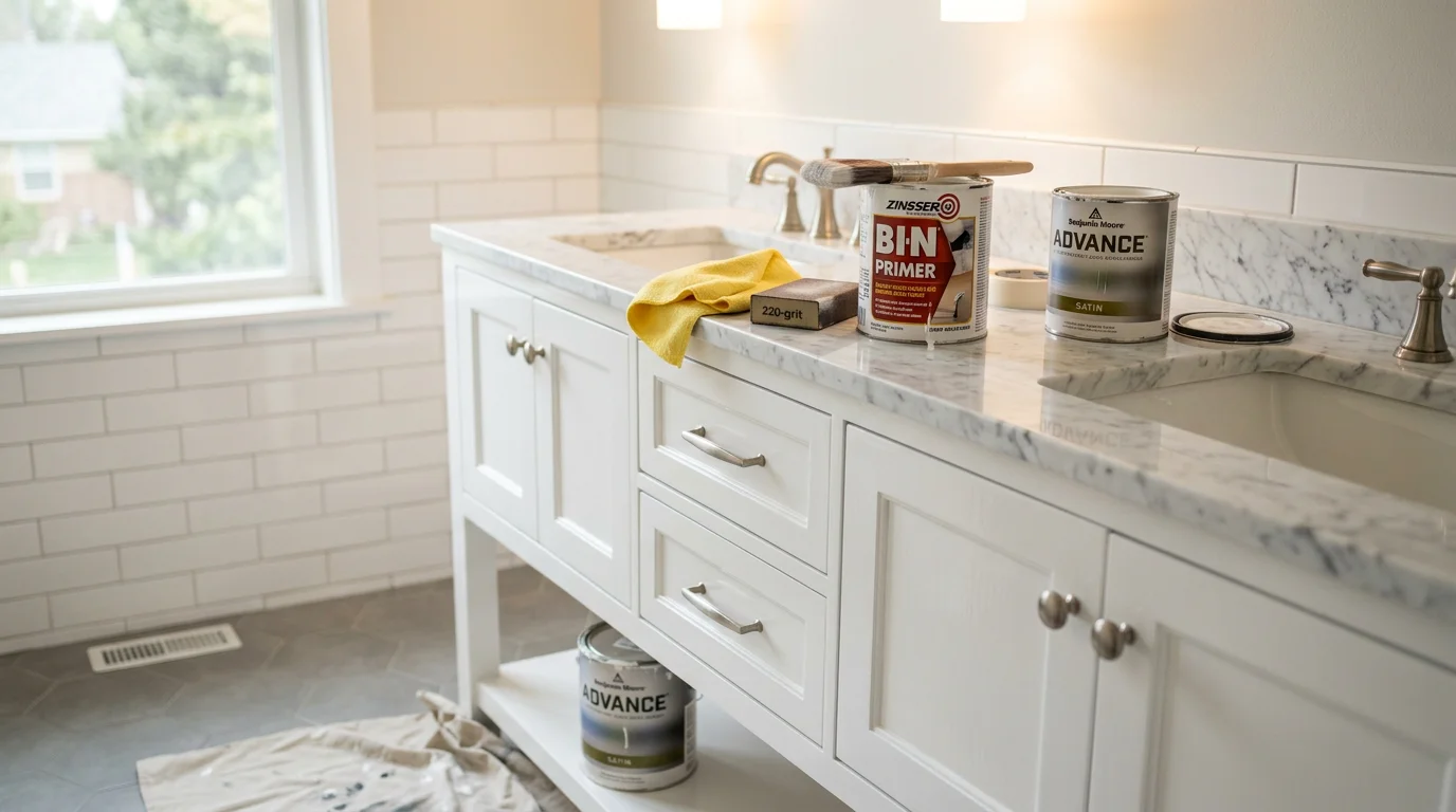 A freshly painted bathroom vanity with a smooth, even finish completed by Royal Painting CO. The vanity doors and drawer fronts show clean, sharp edges with no brush marks, set against a typical residential bathroom background.