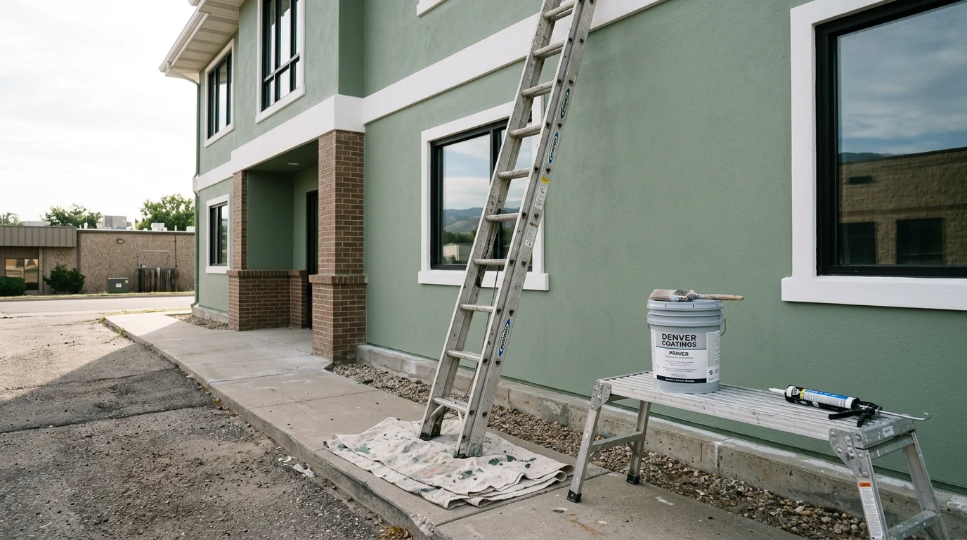 A commercial building exterior with a freshly applied, even coat of paint on the facade and trim. Royal Painting CO. crew equipment is visible at the base of the building during an active painting service.