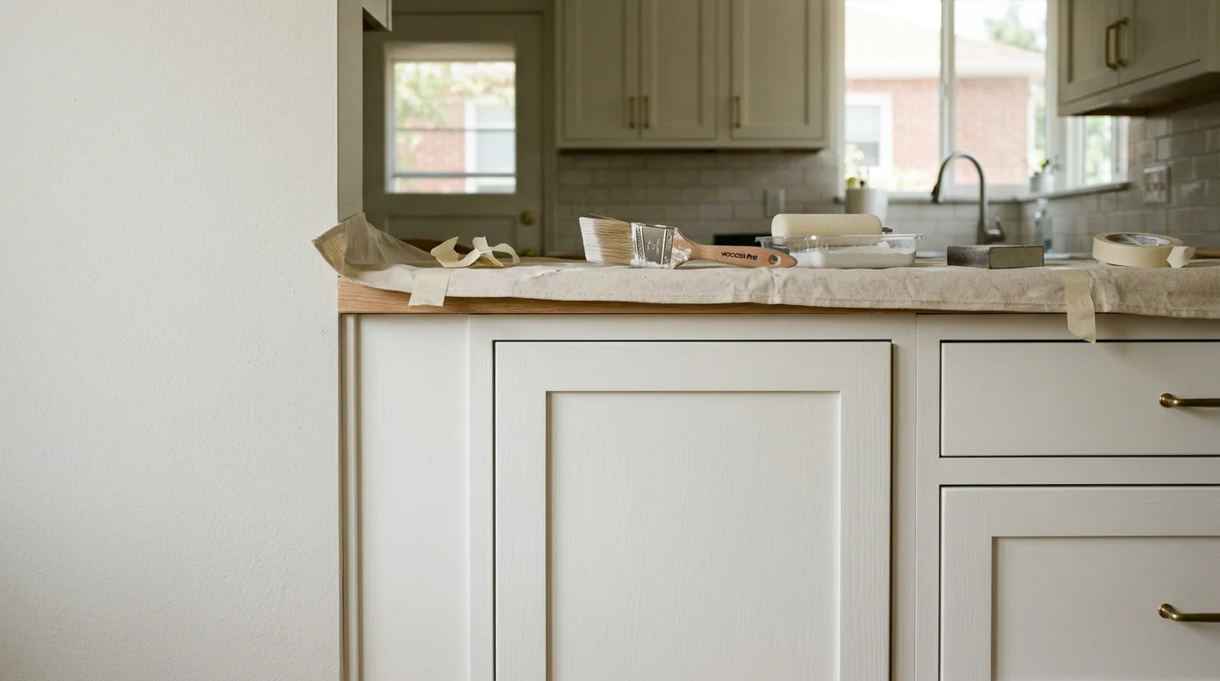 Freshly painted white kitchen cabinets with smooth, even finish completed by Royal Painting CO. Close-up shows clean door edges and consistent color across cabinet fronts in a residential kitchen.