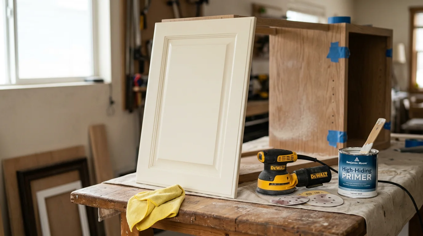 Kitchen cabinets with a freshly refinished smooth surface, showing clean lines on cabinet doors and drawer fronts after professional prep and finish work by Royal Painting CO.