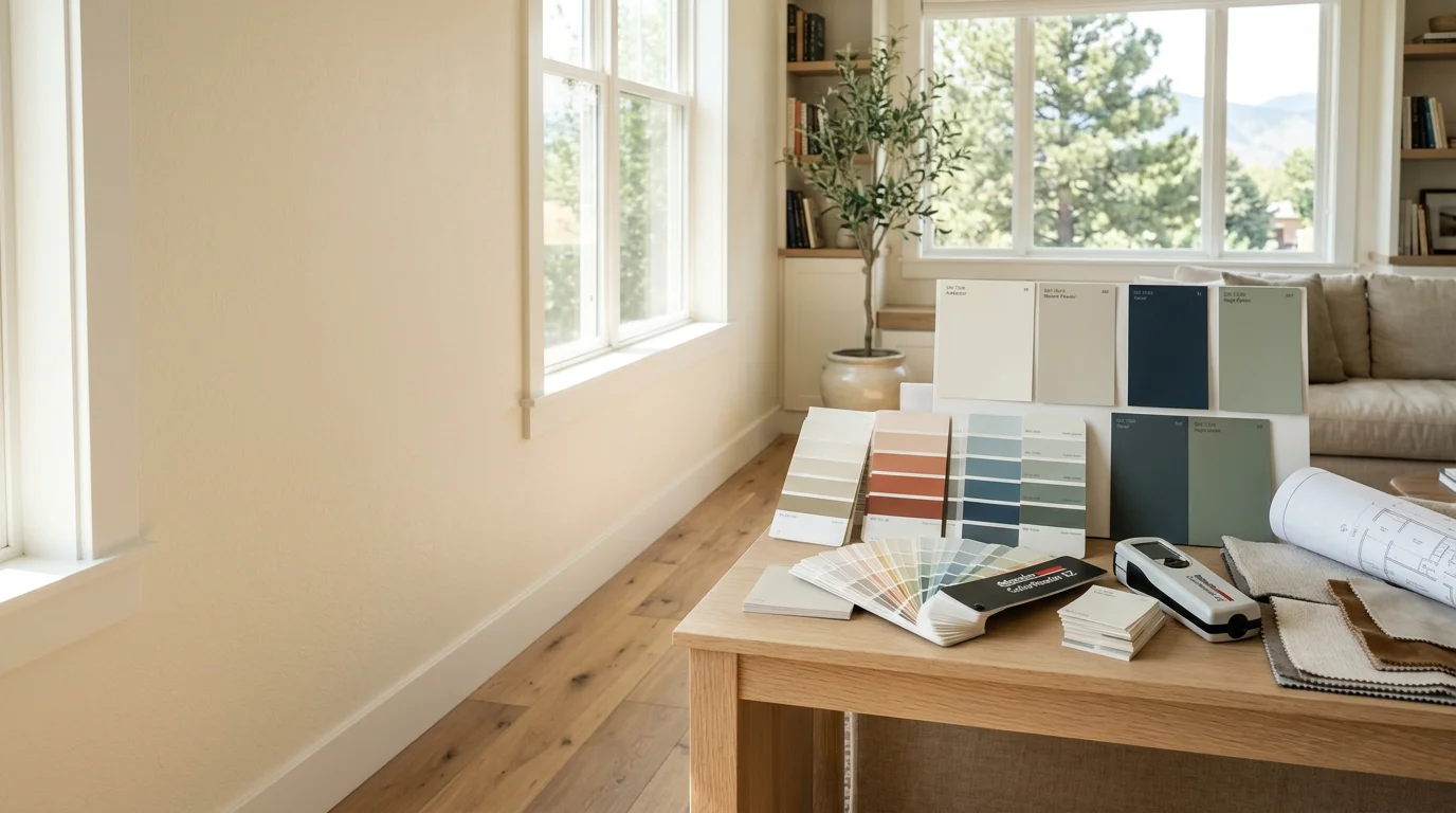 A Royal Painting CO. color consultation in progress, showing paint swatches held against an interior wall in a local home. Multiple color samples are compared under natural window light to find the best match for the room's finishes.