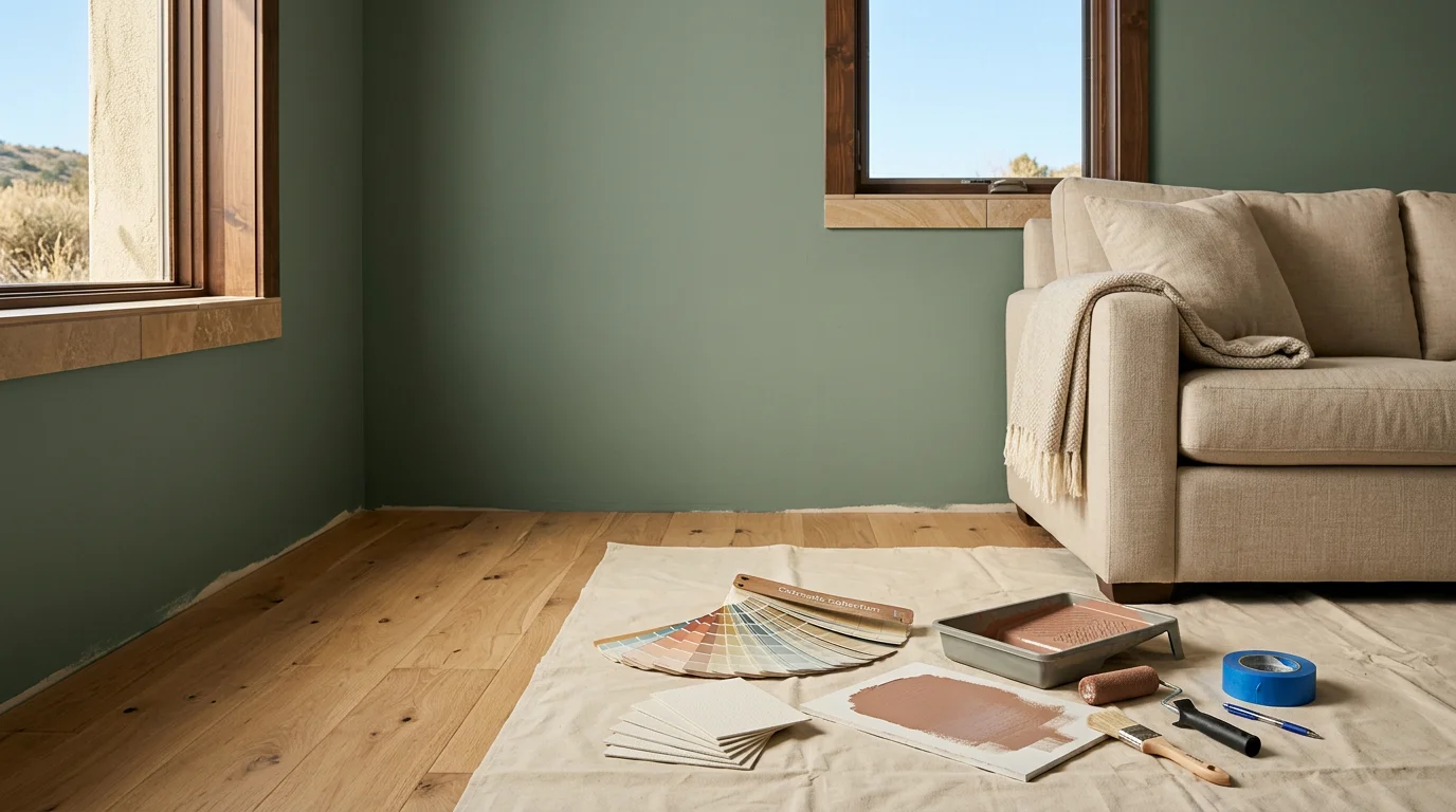 A freshly painted Vancouver home interior showing warm neutral wall colors coordinated with white trim and wood flooring. A Royal Painting Co. team member reviews color swatches with a homeowner in a naturally lit living room.