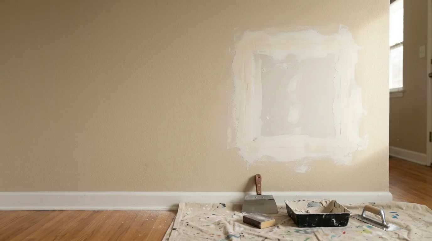 A freshly repaired and painted interior wall in a Vancouver home, showing a smooth, even surface with no visible patch lines or texture differences. The finished repair blends completely with the surrounding drywall.