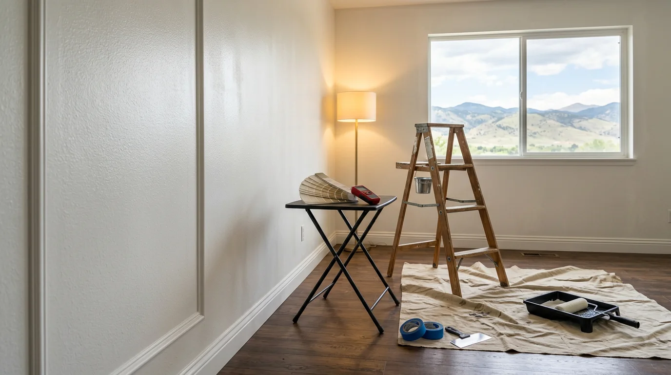 A Royal Painting Co team member reviewing exterior wall surfaces at a Vancouver home during a free on-site painting estimate. The image shows the estimator examining siding condition before noting project details.