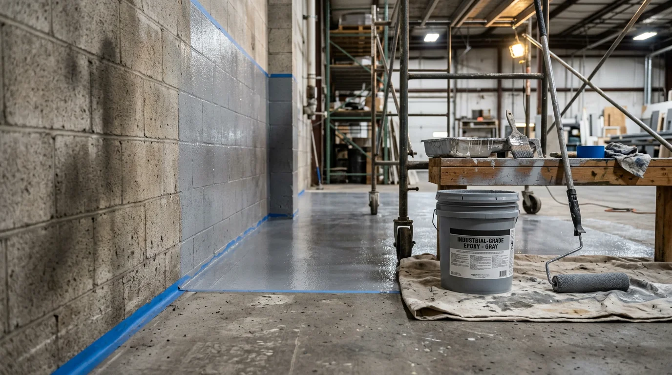Interior of a large industrial warehouse with freshly painted walls and concrete floors, showing clean surface preparation and uniform coating throughout the facility. Royal Painting CO. industrial painting work on a commercial building exterior with smooth, even finish applied to metal siding and structural panels.