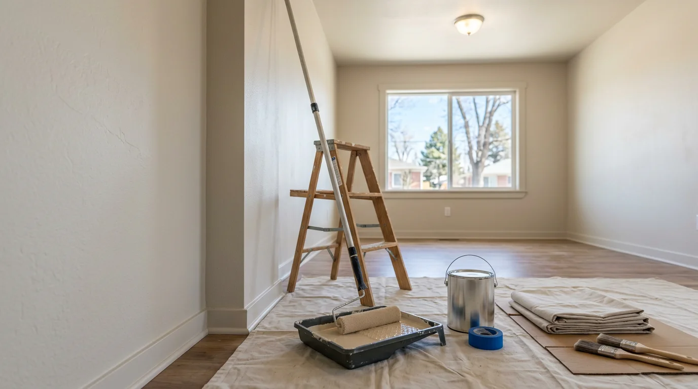 A freshly painted interior living room with smooth, even wall coverage and clean trim lines. Royal Painting CO. completed this residential interior painting project for a local homeowner.