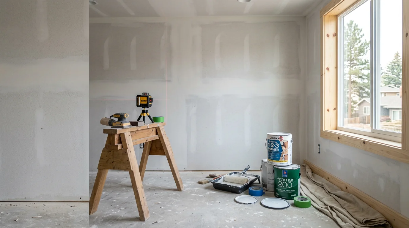 Interior of a newly built Vancouver home showing freshly painted white walls, primed trim, and clean ceiling lines ready for move-in. A painter applies a finish coat to bare drywall in an empty new construction room.