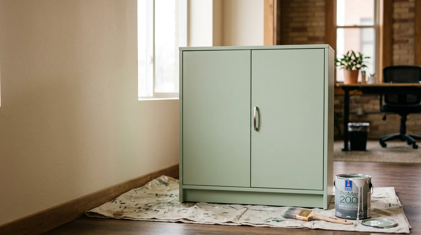 Freshly painted office storage cabinets with a smooth, even finish in a professional workspace. Royal Painting CO. office cabinet painting service applied to built-in cabinetry in a local business setting.
