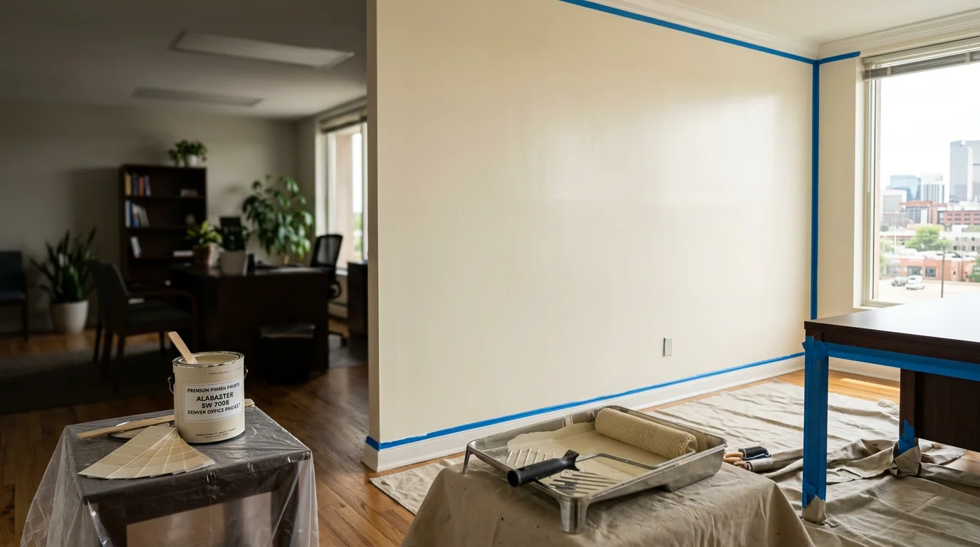 Freshly painted bright white office interior with clean wall edges and professional trim work completed by Royal Painting CO. A local commercial office space with smooth, even wall coverage and protected flooring visible in the foreground.