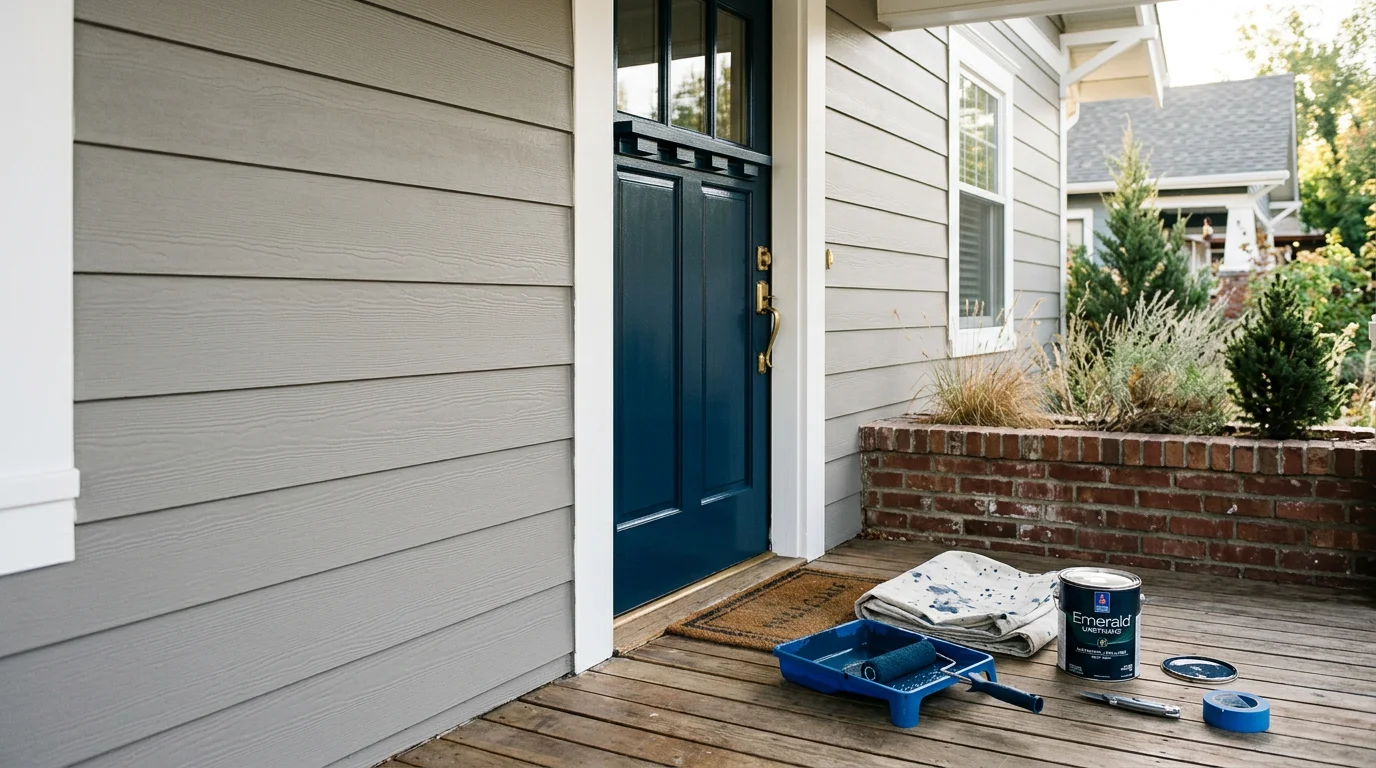 A freshly painted two-story home exterior in Lawrenceville, Georgia, with clean white trim and a bold front door color. A residential painter applies a smooth coat to the siding on a clear day.