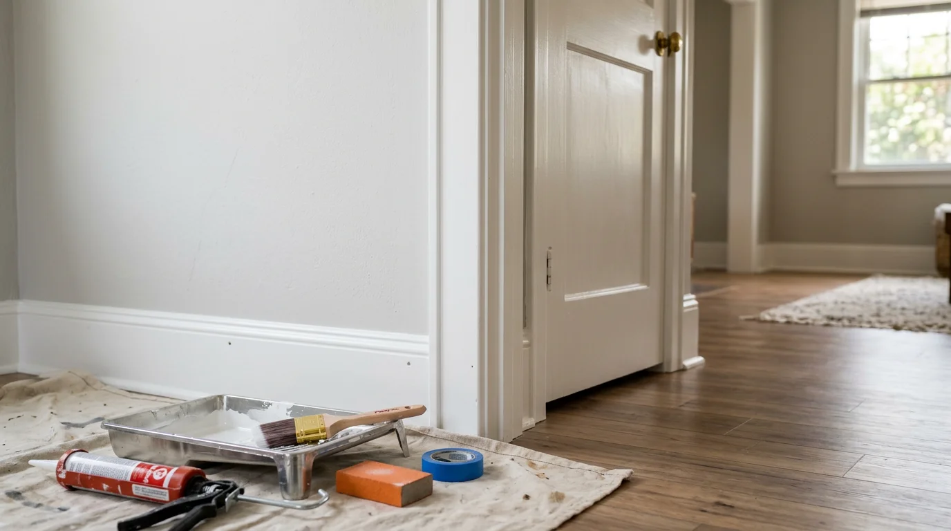 Freshly painted white baseboard and door casing trim in a residential room, showing clean edges and a smooth finish. Trim painting work completed by Royal Painting Co. for a local homeowner.